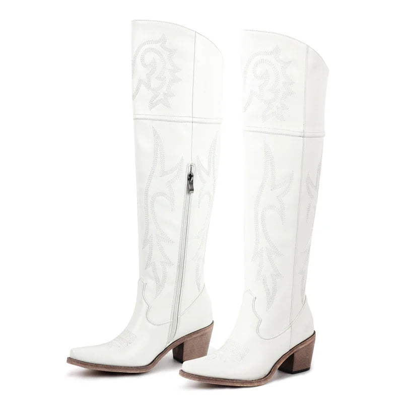 Winter Women Black Brown Knee High Boots Pointed Toe Chunky Pull On Embroidered Thick Heels Boots Zipper Large Size