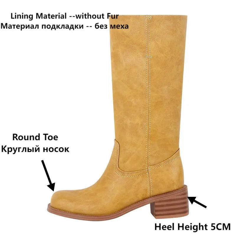 Women Round Toe Knee High Boots Low Heel Fashion Pull on Wide Calf Boots