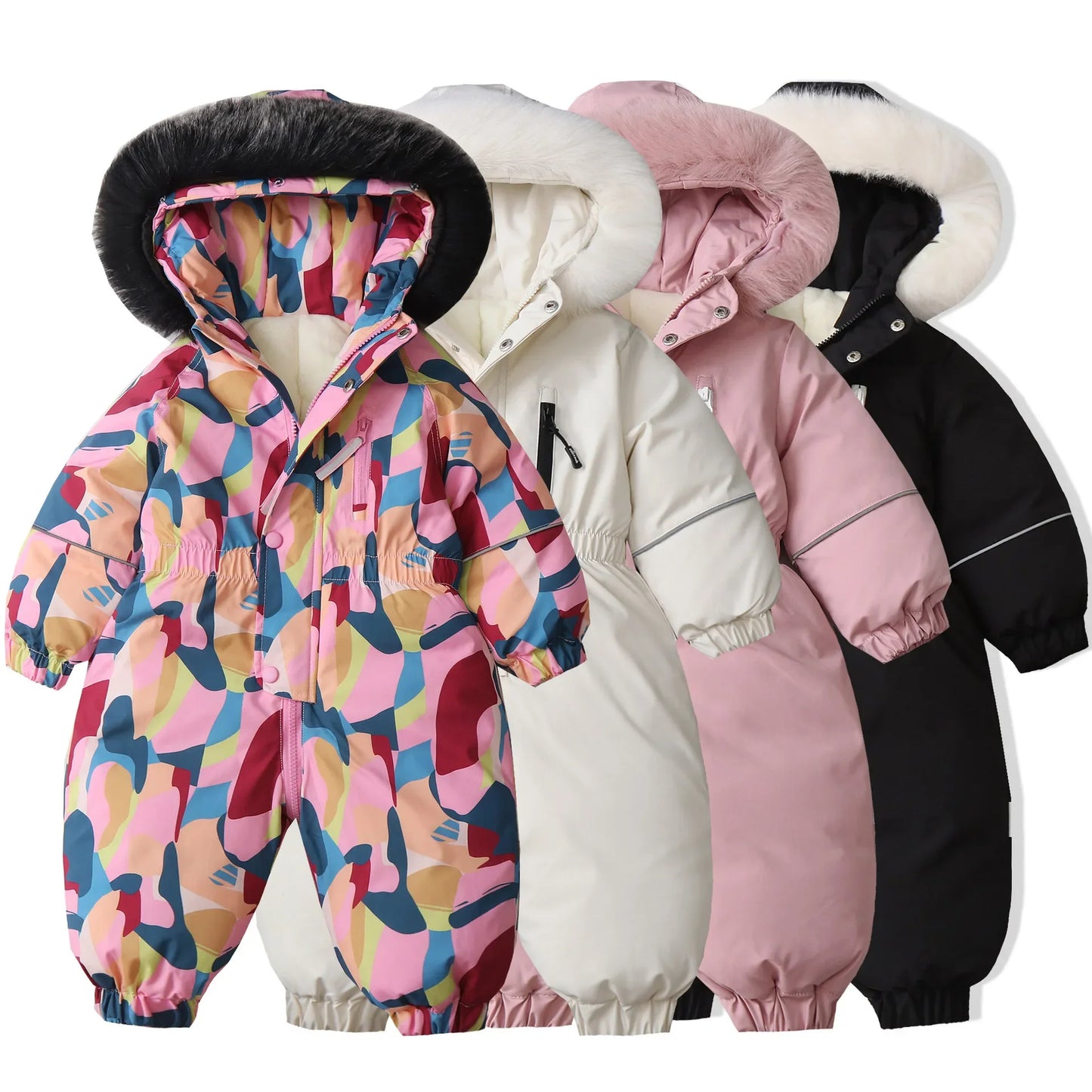 Unisex Children's Winter Warm Ski Suit Polar Fleece Lining Jumpsuit Waterproof Overalls Kid's Hooded Sportswear 1-5Y