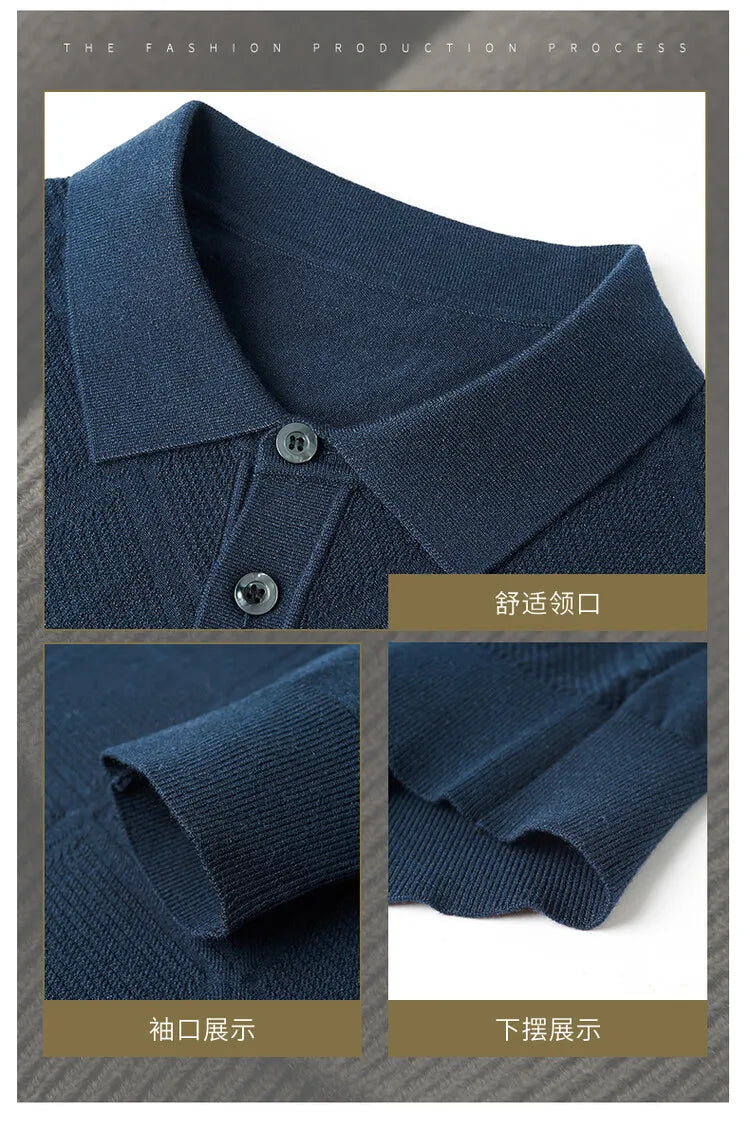 Men's Solid Colour Geometric Pattern Warm Polo, High Quality Woollen Sweater, Suitable For Business Casual & Daily Commute