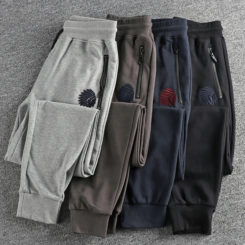 Autumn American Retro Terry Knitted Embroidery Sweatpants Men's Simple Elastic Waist Drawstring Sport Casual Youth Slim Pants