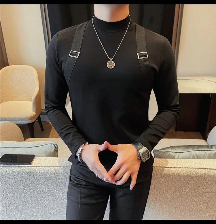Men's Strap Long-Sleeved T-shirt For Autumn and Winter, Slim Fit Half Turtleneck Bottoming Shirt, Fashion City Knitwear