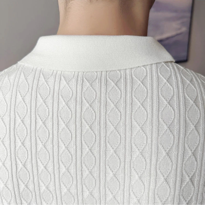 Men's Slim-Fit Jacquard Knitted Short-Sleeved Polo Shirt for Male Fashion Lapel Golf Shirt