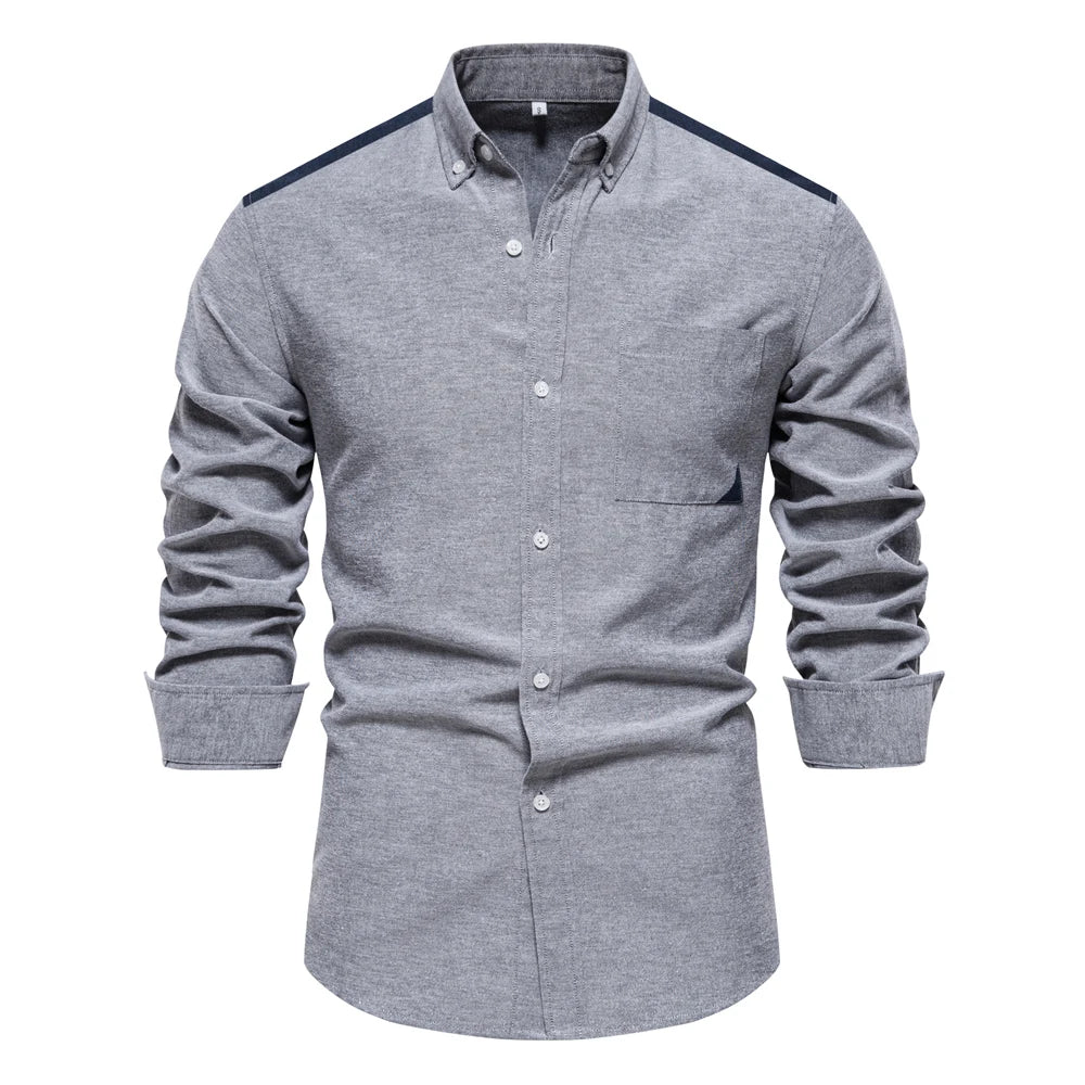 Men's Spring Patchwork Oxford Shirt Casual Wear Cotton Blend Pocket Shirts For Men