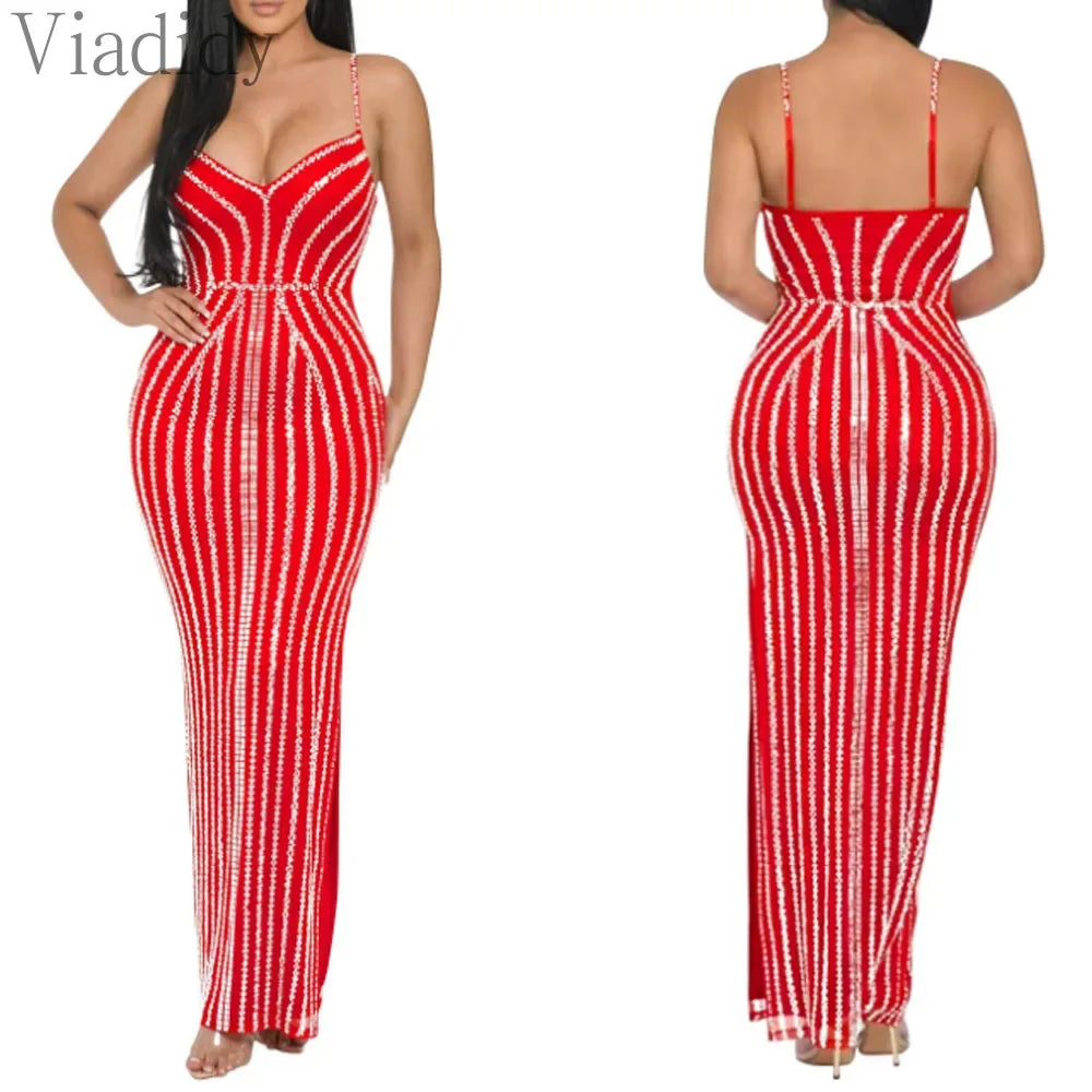 Women's Sexy Solid Color Spaghetti Strap Rhinestone Decor Deep V Neck Party Dress