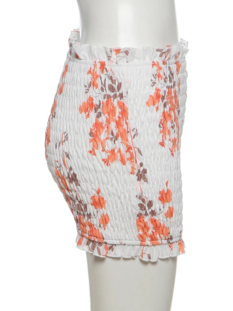 Vacation Thin Women Floral 2 Piece Set Elastic Ruffles Tank Tops + Peach Hip Skirts Matching Clubwear Romantic Outfits