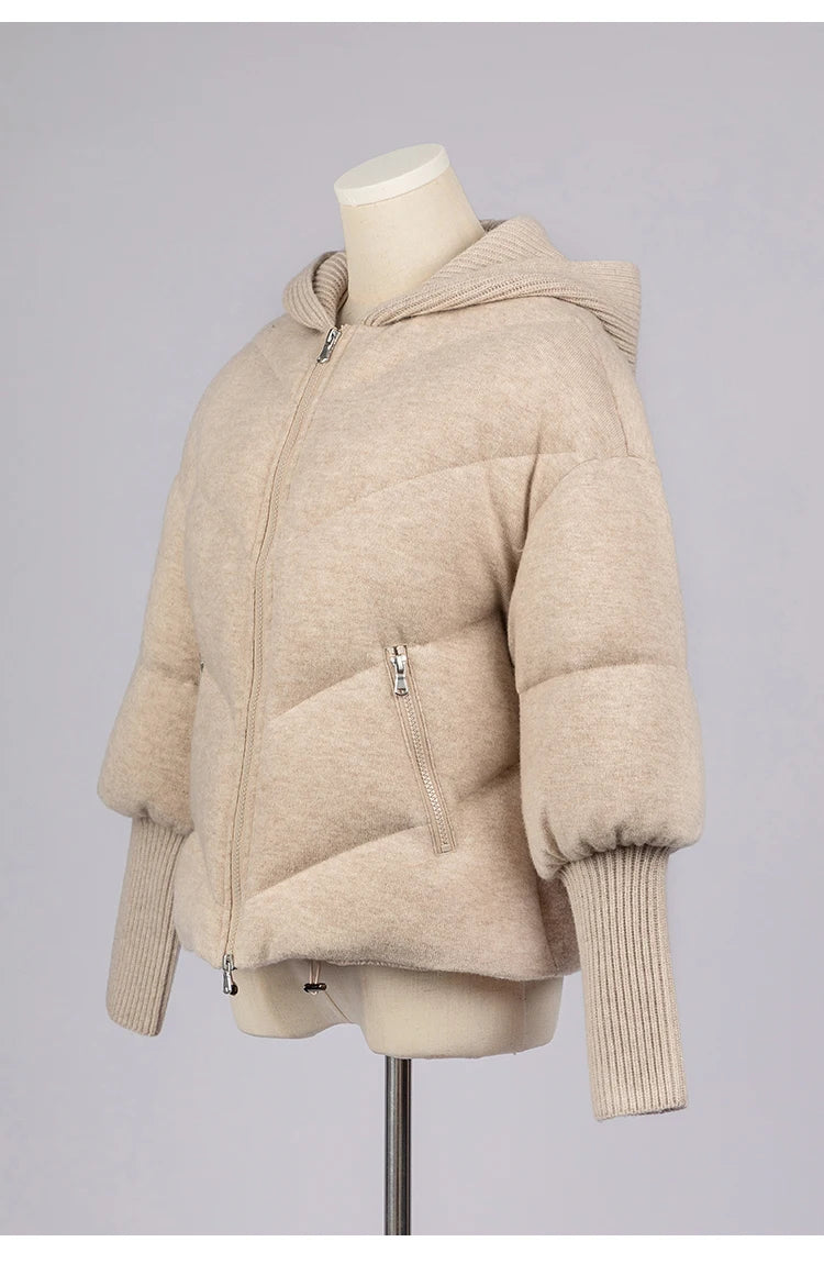 Women's Luxury Hooded Threaded Sleeve Down Coat, Warm Jacket For Ladies