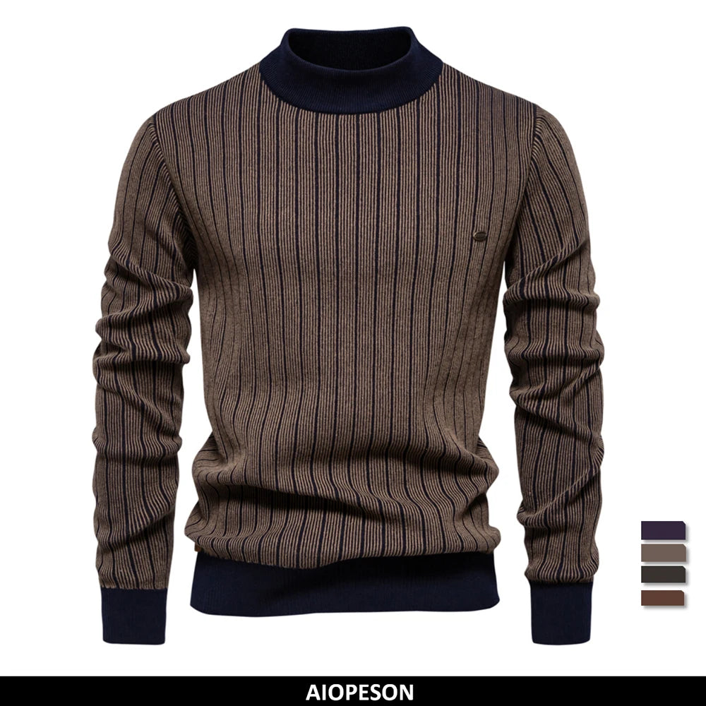Men's Mock Neck Cotton Pullover Sweaters Autumn Winter Warm Stripped Sweater for Men