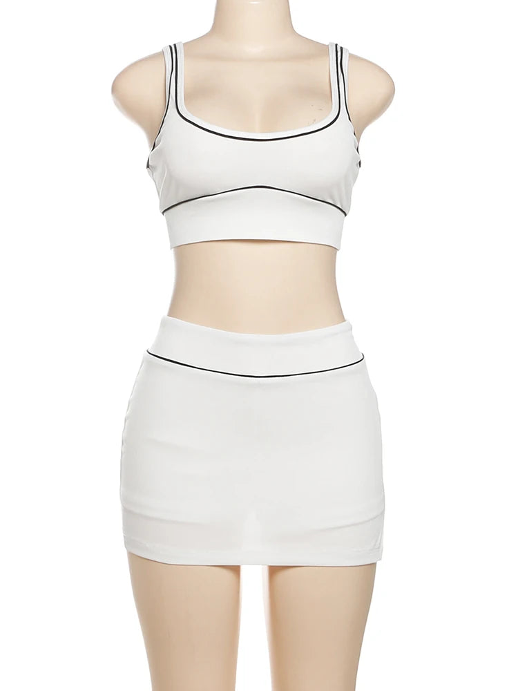Casual Ribbed 2 Piece Set Women Black String Patchwork Tank Tops + Side Split Shorts Skirts Fashion Simple Classic Suit