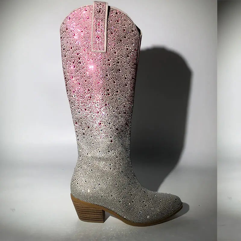 Women Pointed Toe Rhinestone Knee High Western Cowgirl Boots Glitter Bling Shiny Block Heel Lady Boots
