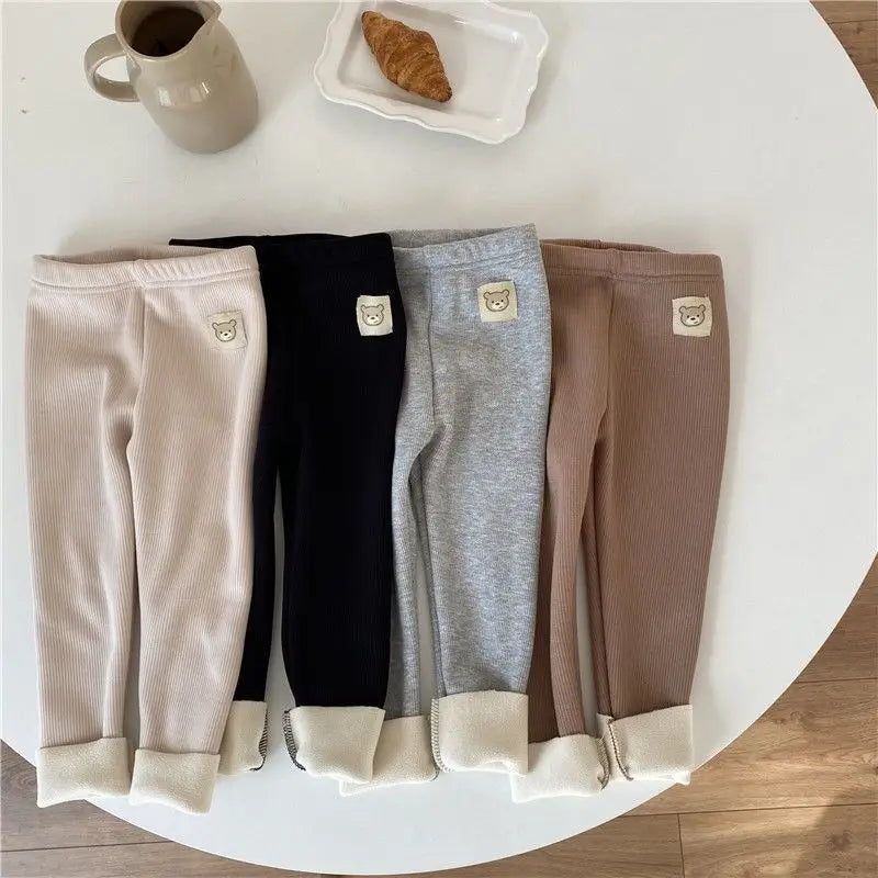 New Autumn Kids Leggings Girls Cute Bear Fur Padded Skinny Pants Children Warm Cartoon Elastic Leggings 4-6Y Girls