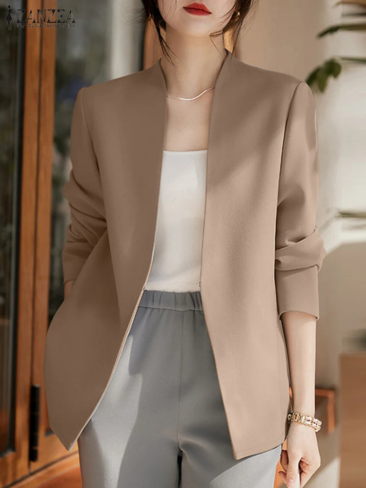2025 Autumn Lightweight Blazer for Woman V-Neck Long Sleeve Solid Colour Casual Suit Coats Korean Fashion Office Wear