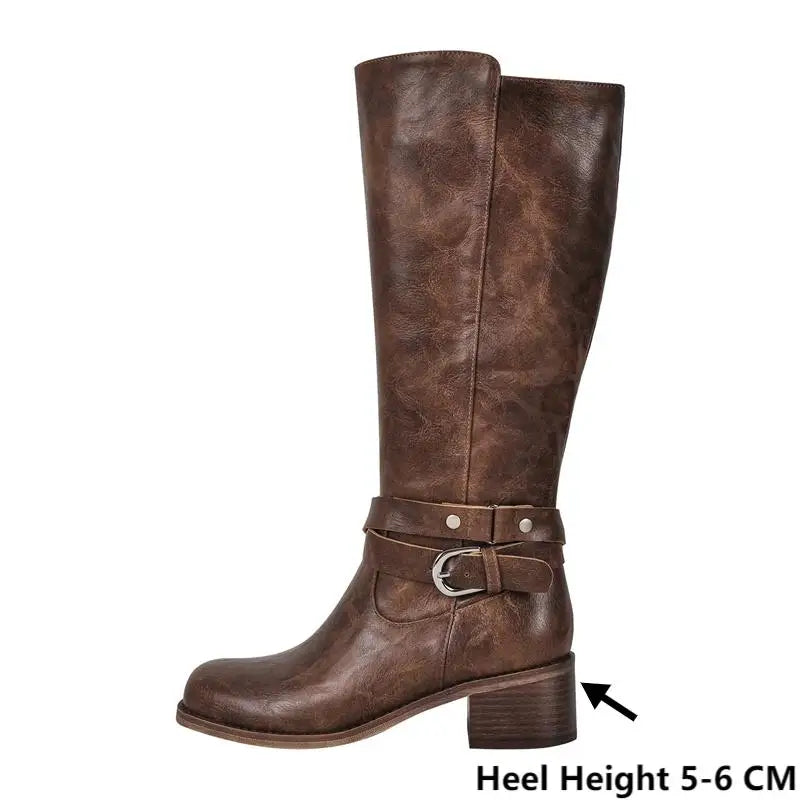 Women Knee High Boots Heeled Fashion Winter Gothic Matte Motorcycle Boots
