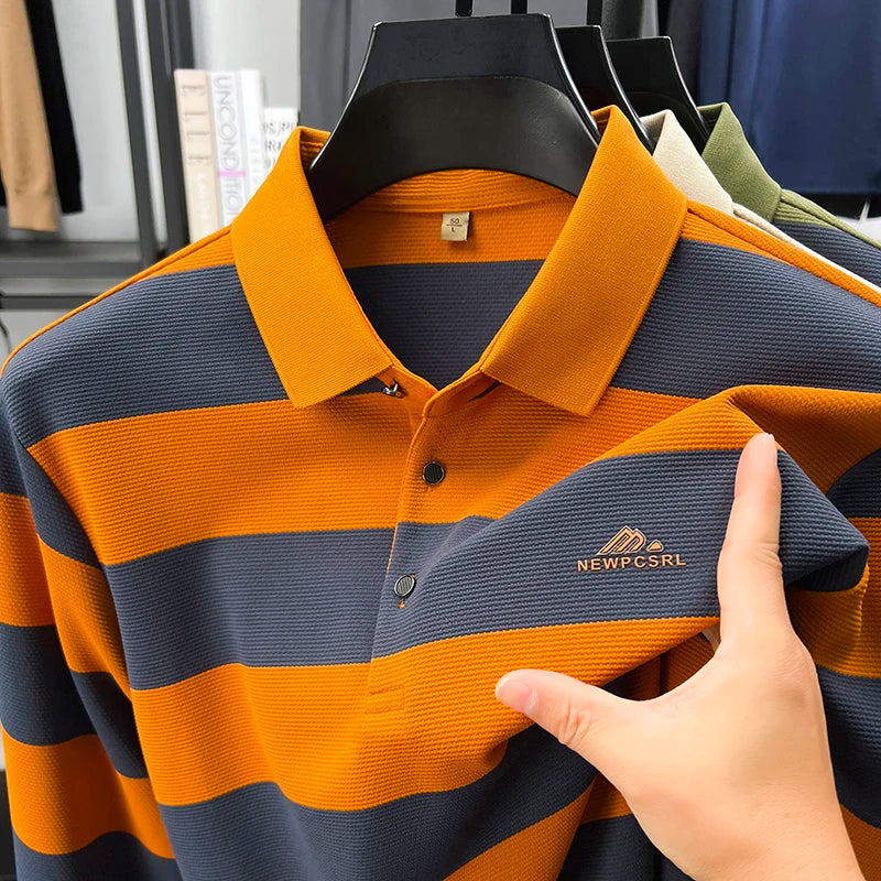 Men's Autumn Long Sleeve Polo Shirt Colourful Striped, Stretchy Double-sided Pique Knit Fabric