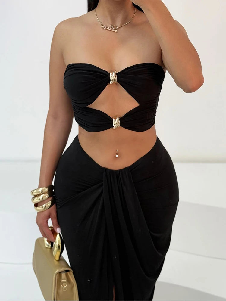 Metal Buckle Hollow 2 Piece Set Women Y2K Solid Ruche Tube Tops + Irregular Split Maxi Skirt Matching Clubwear Outfits