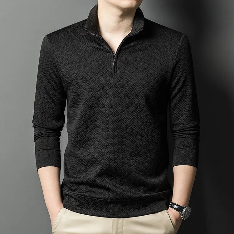 Men's Zipper Stand-Up Collar Long Sleeve T-shirt, Autumn & Winter Fashion Brand Loose Pullover With Advanced Geometric Jacquard Fabric
