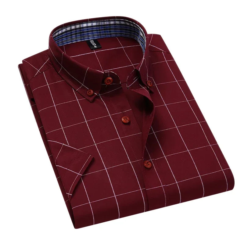 Summer Men Shirts Short Sleeve Plaid Shirt Slim Casual Button Up Dress Shirts Men Big Size M-5XL Anti-wrinkle Soft