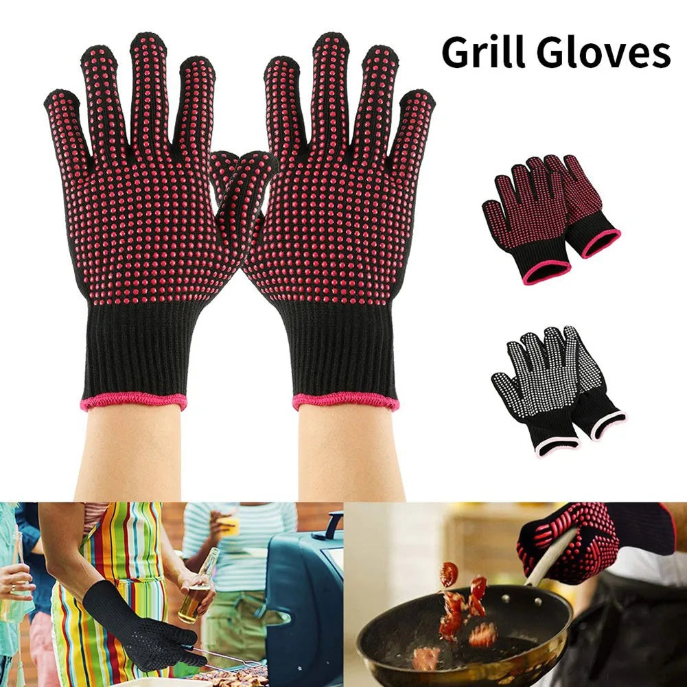 1 Pair Barbecue Anti-scald Gloves Heat Resistant BBQ Oven Gloves Kitchen Fireproof Anti-slip Gloves For Cooking