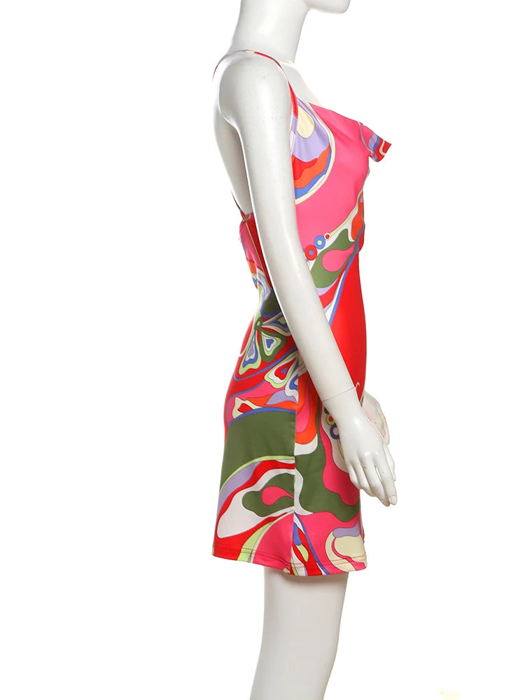 Women's Y2K Backless Dress Sleeveless Colorful Print Tight Mini Summer Sexy Clubwear High Stretch Polyester Spandex