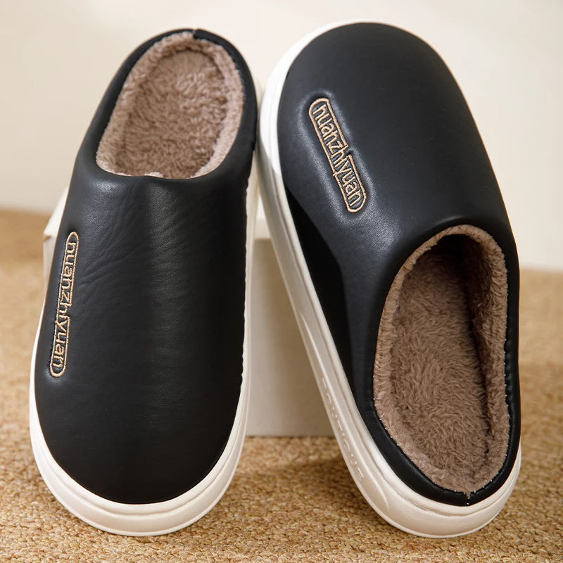Unisex Anti-slip Waterproof Winter Cotton Slippers Women Men Home Indoor Warm House Shoes Couple Soft Flat PVC Sole Footwear