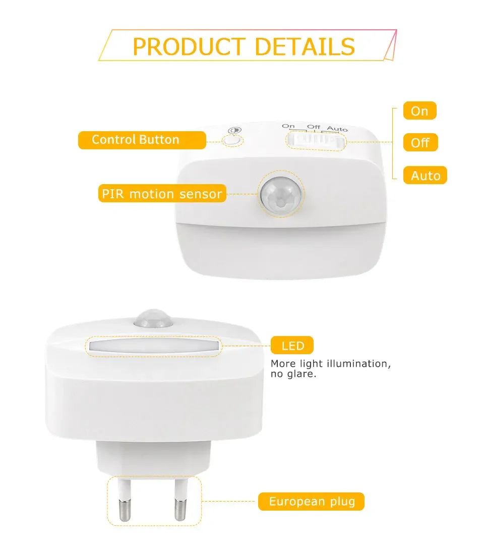 3 Colors LED Night Light with Motion Sensor EU US Plug in PIR Human Infrared Induction Lamp for Bedroom Hallway Stairs Kitchen
