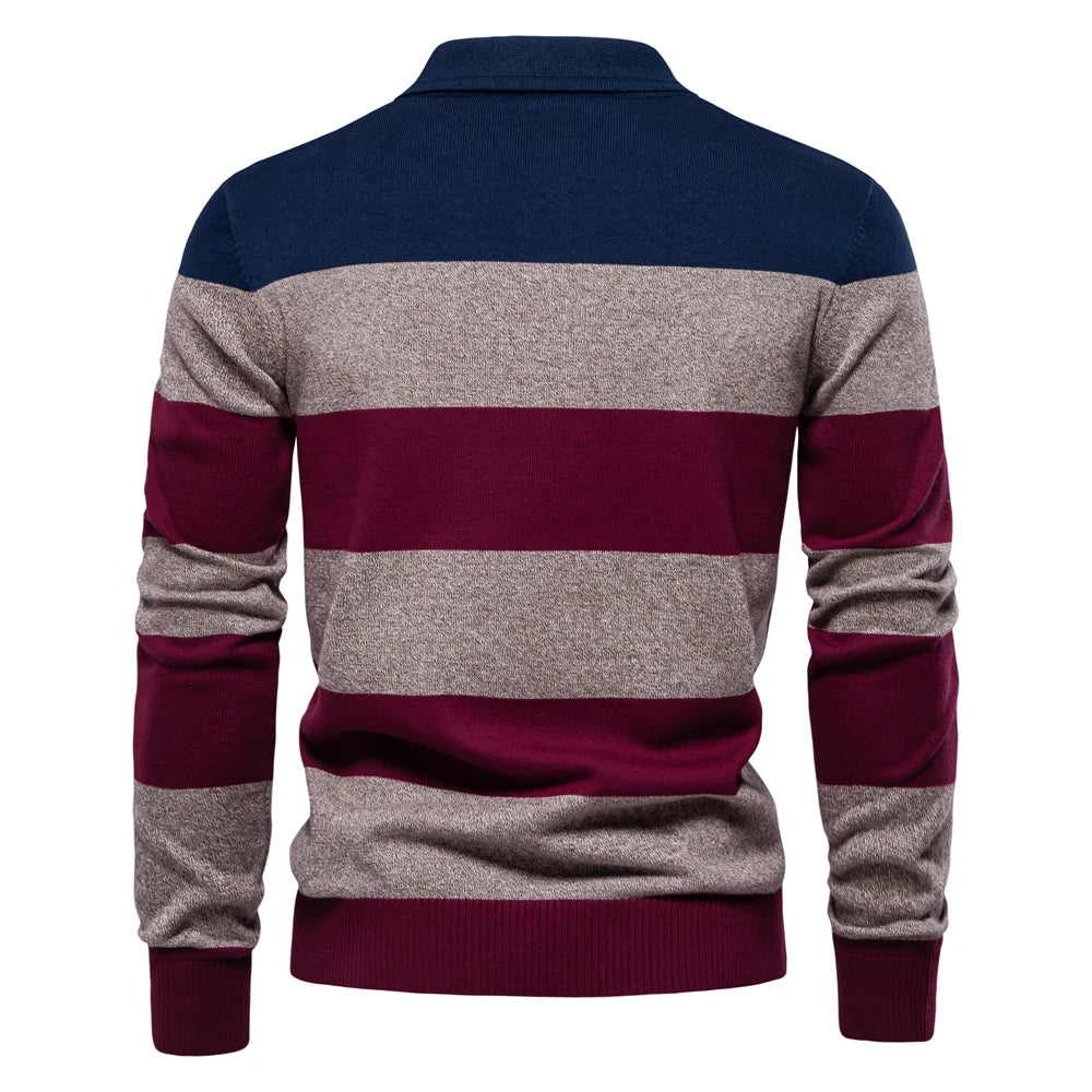 Herren-Pullover mit Streifen aus Baumwolle und Polokragen zum Knöpfen, lässiger Business-Pullover für Herren