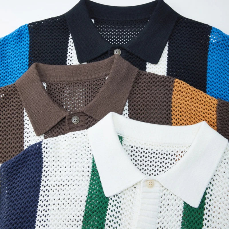 Men's Autumn/Winter Colour-Block Striped Polo Collar Knitted High Quality Hollow Out Cardigan With 60% Cotton