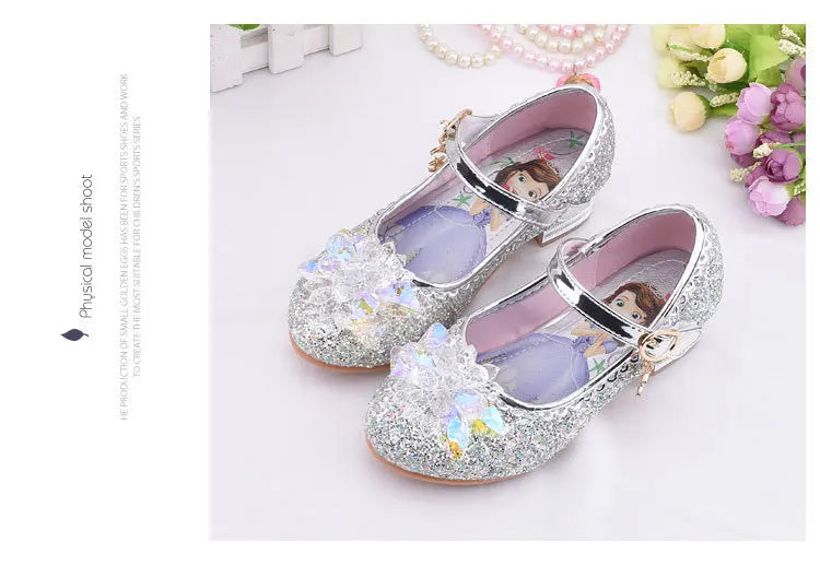 Frozen Elsa Princess Girls Leather Crystal Shoes Glitter Casual High Heels Girls Sandals Pink Blue Silver Elsa Shoes
