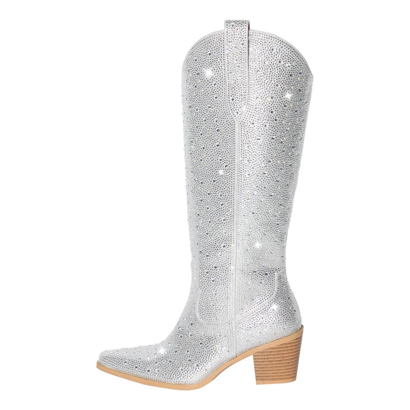 Women Pointed Toe Rhinestone Knee High Western Cowgirl Boots Glitter Bling Shiny Block Heel Lady Boots