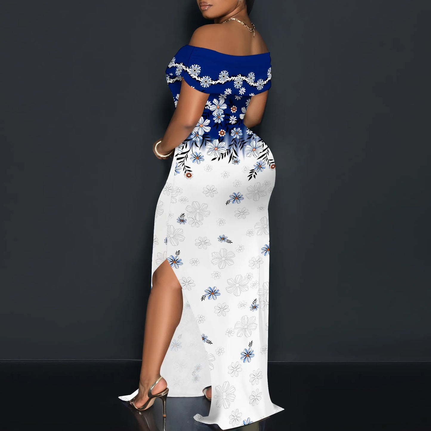 Elegant Off Shoulder Maxi Dress Ink Floral Print Bodycon Split Hem Summer Evening Look