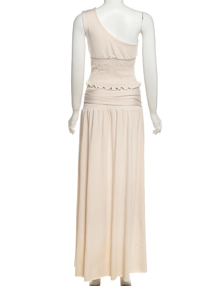 Elegant Ruched 2 Piece Set Women Skew Collar Backless Crop Tops + Metal Buckle Decoration Skirts Matching Solid Outfits