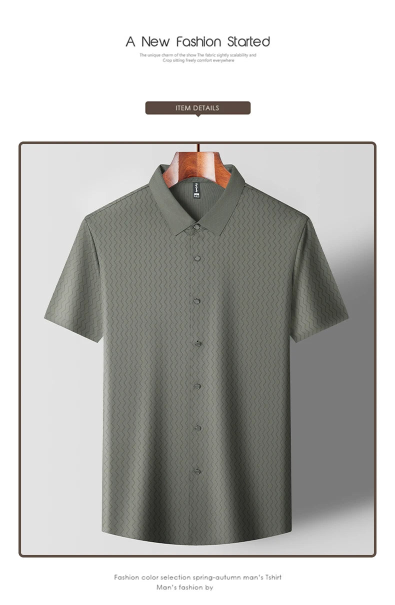 Men's Summer Lapel Shirt, Slim Fit Short-Sleeved, Fashion Dark Pattern Knitted Fabric Polo Shirt