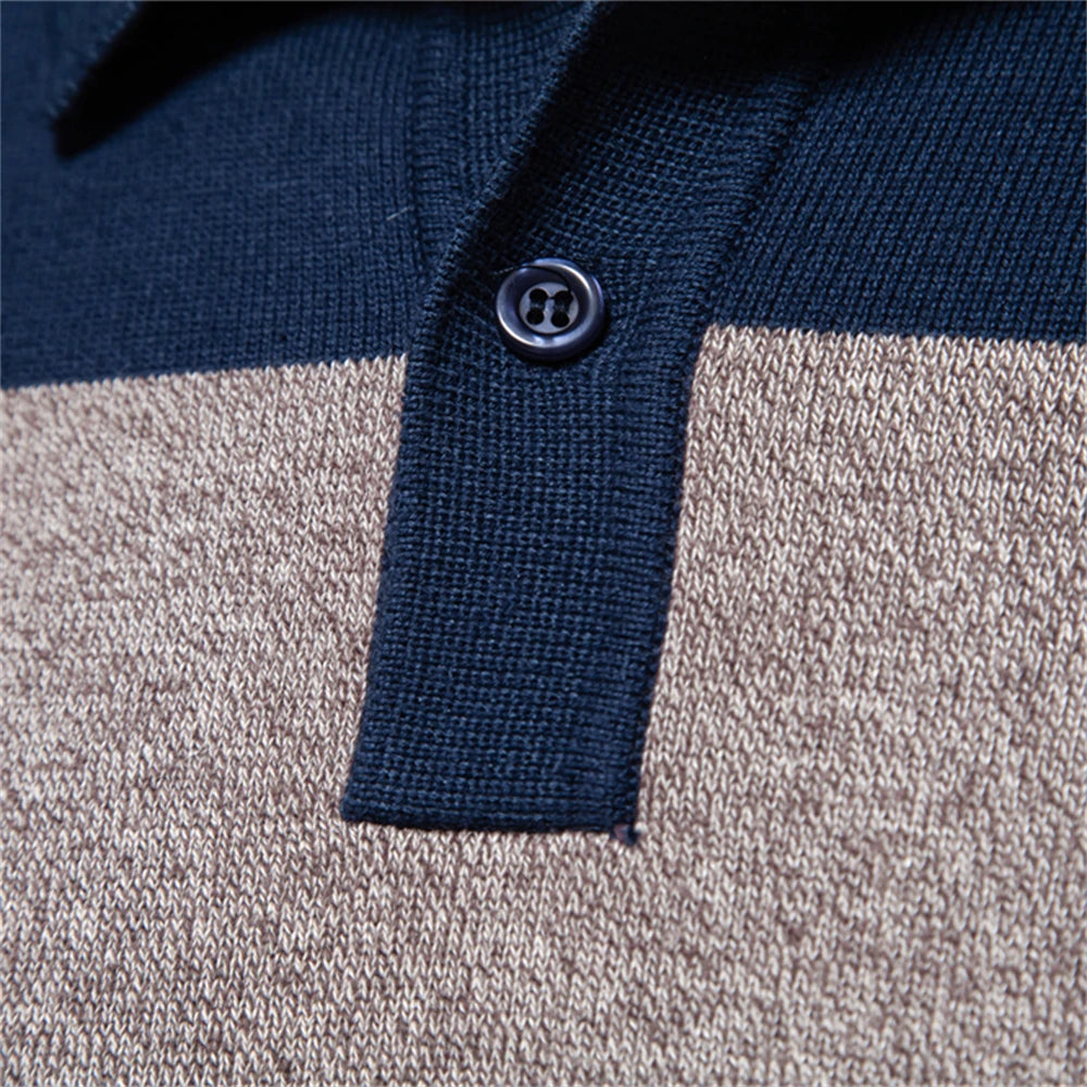 Herren-Pullover mit Streifen aus Baumwolle und Polokragen zum Knöpfen, lässiger Business-Pullover für Herren