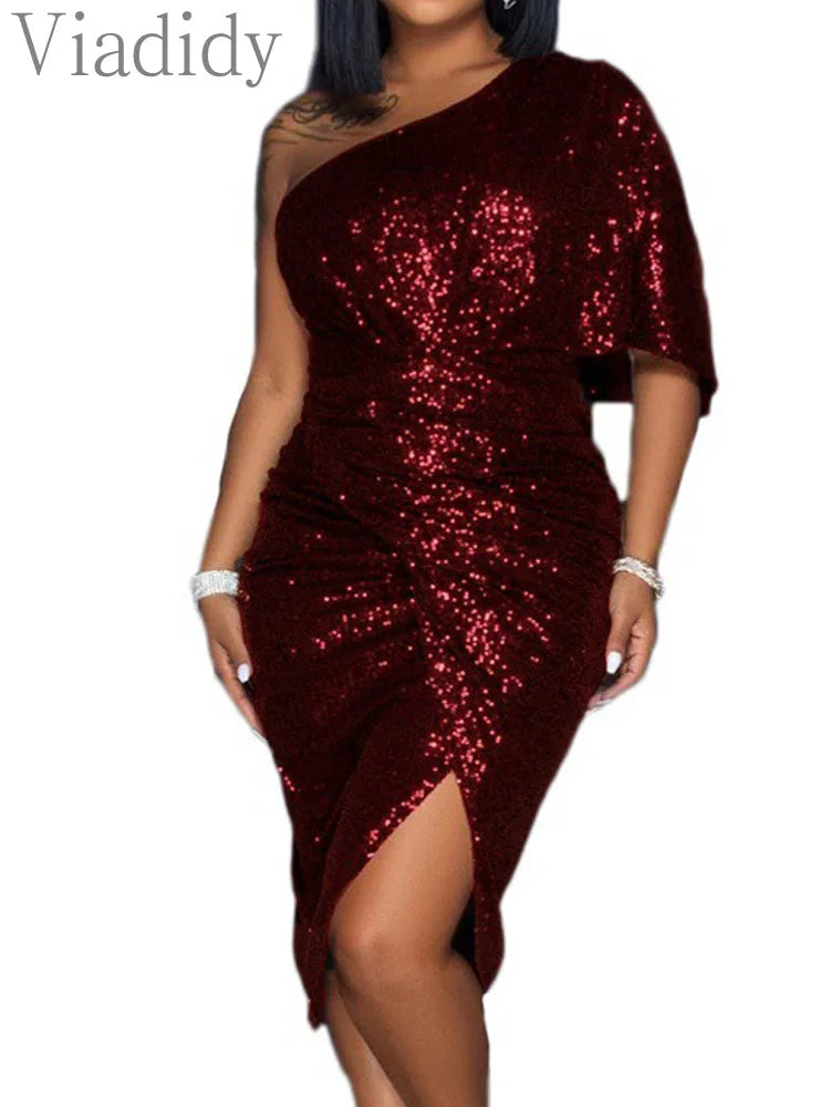 One Shoulder Short Sleeve Sequined Wrap Dress