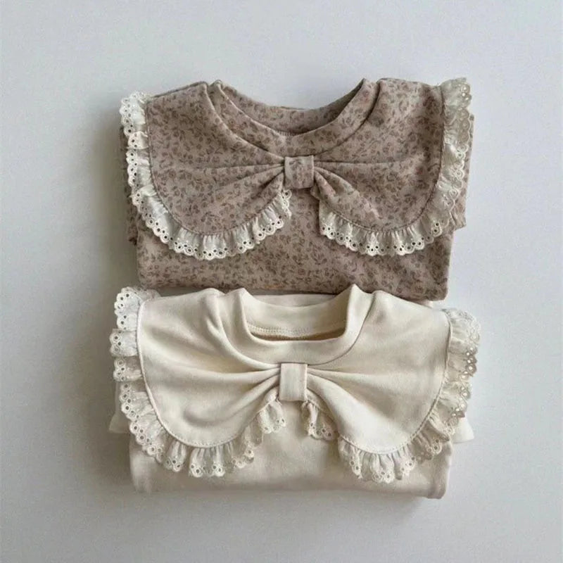 Herfst Baby Kant Bottoming Shirt Peuter Schattig Bloem Strik Kraag Basis Shirt Baby Dunne Lange Mouwen Meisjes Tops 1-3Y Meisjes