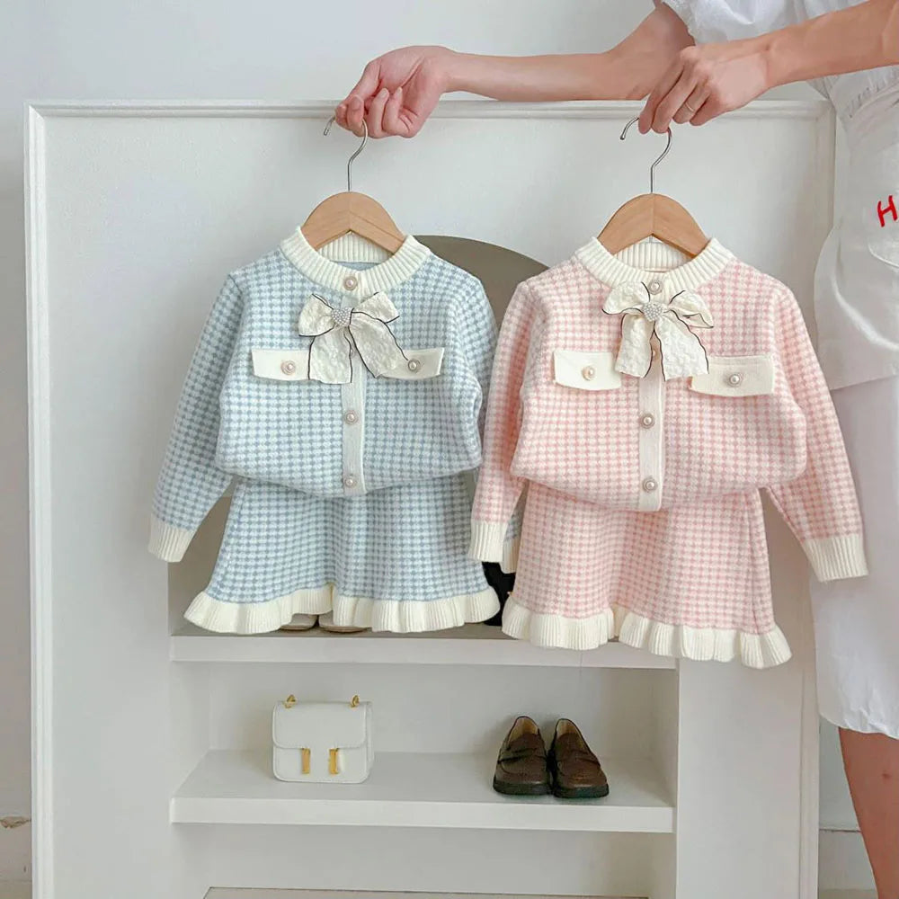Spring Autumn Children's Clothing Set Girls Plaid Knitted Sweater and Skirt 2PCS Trendy Bow Cardigan Outfit 1-5Y Girls