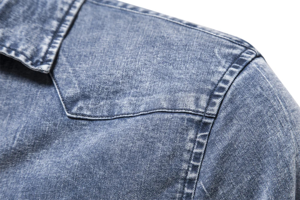 Men's Cotton Denim Shirts Double Pocket Solid Colour Casual Male Cowboy Shirts New Autumn Slim Quality Shirts for Men