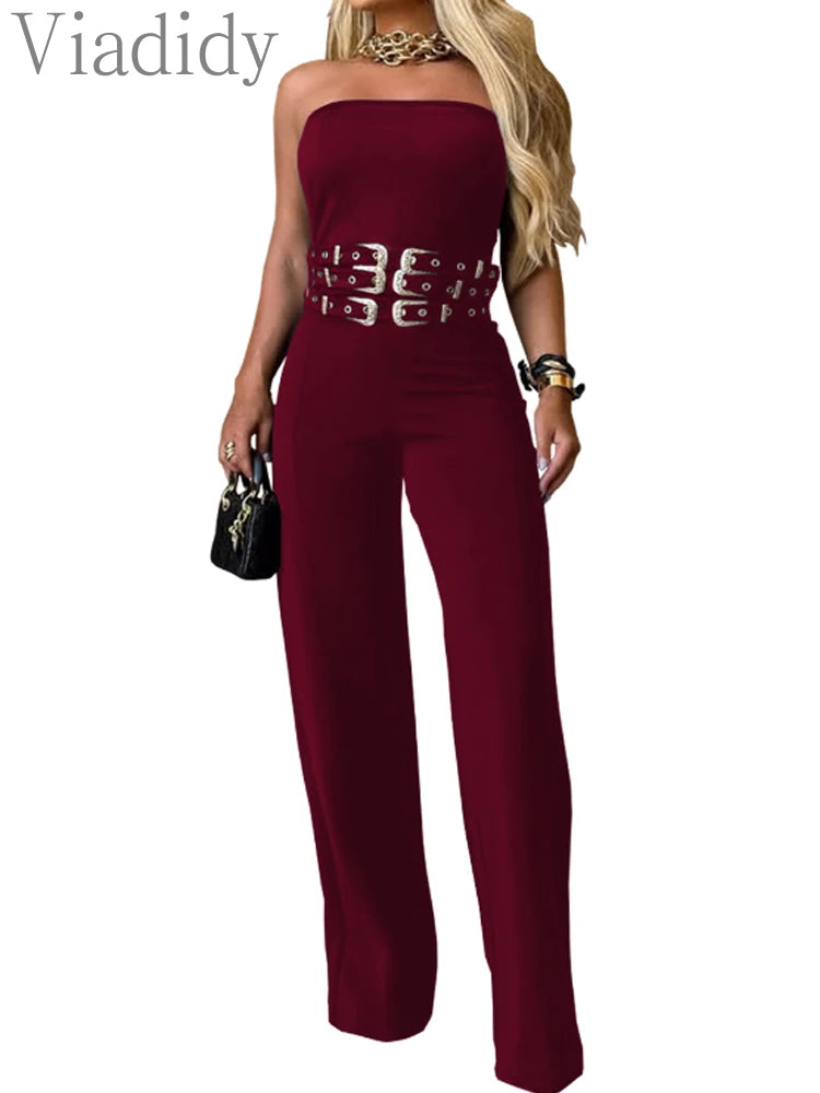 Women Sexy Strapless Buckle Belt Jumpsuits Casual Overalls Rompers