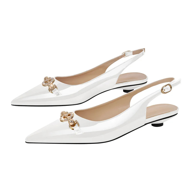 Women Pointed Toe Slingback Sandals Big Size Patent Leather Ankle Strap Party Dress Shoes