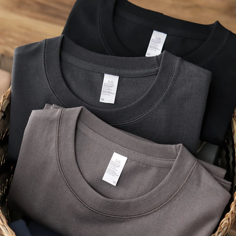 2025 Summer New American Retro 245G Short Sleeve O-neck Solid Color T-shirt Men's Fashion Simple 100% Cotton Washed Casual Tops