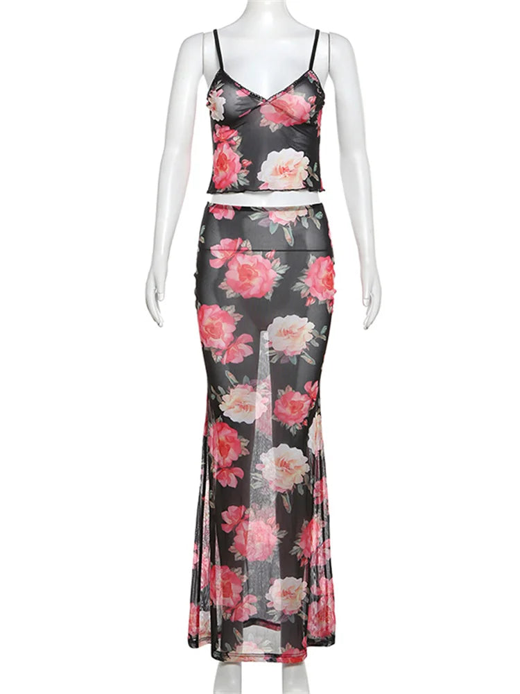 Women's Floral Print 2 Piece Set Slits Slim Long Skirt + Low-Neck Camisole 2025 Vacation Matching Fashion Elegant Hipster Suits