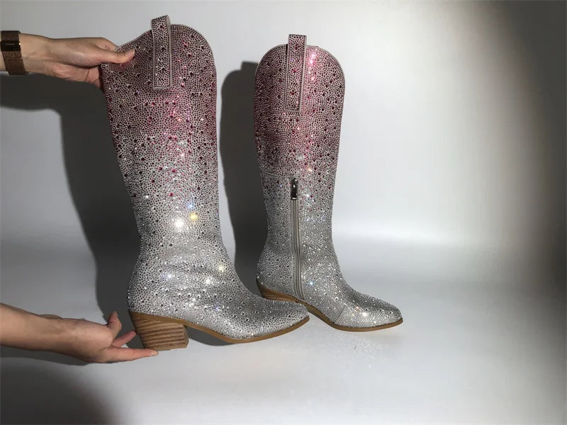 Women Pointed Toe Rhinestone Knee High Western Cowgirl Boots Glitter Bling Shiny Block Heel Lady Boots