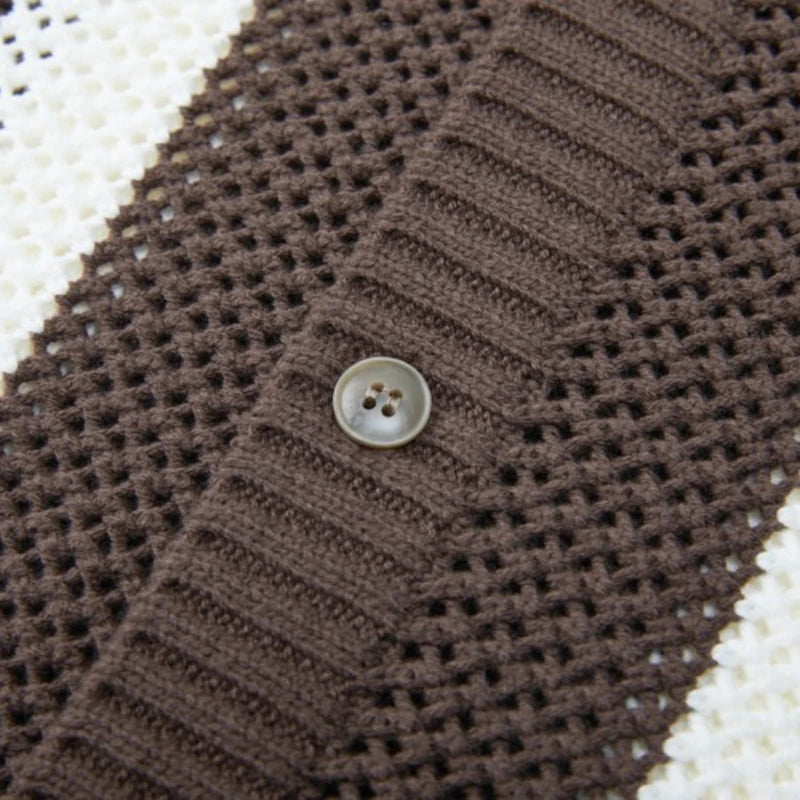 Men's Autumn/Winter Colour-Block Striped Polo Collar Knitted High Quality Hollow Out Cardigan With 60% Cotton