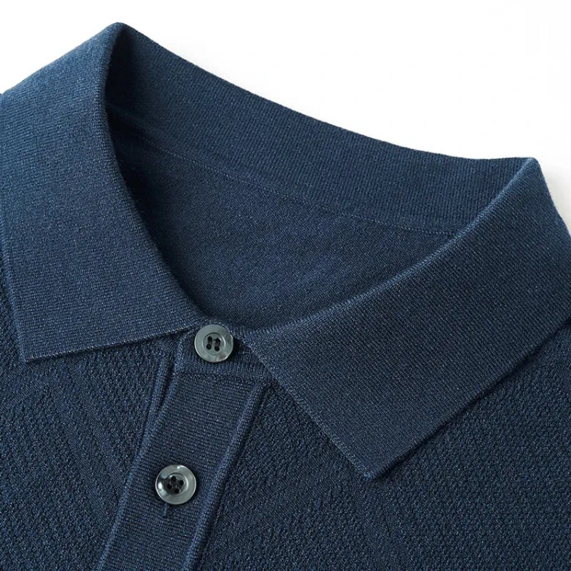 Men's Solid Colour Geometric Pattern Warm Polo, High Quality Woollen Sweater, Suitable For Business Casual & Daily Commute