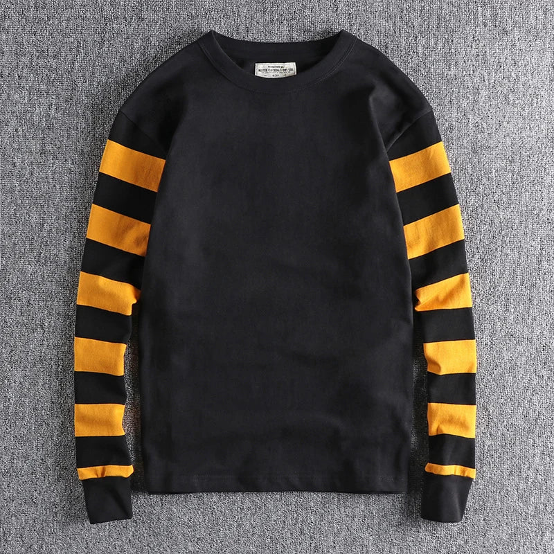 Herfst Amerikaanse Retro Lange Mouw Zwaargewicht Gestreept T-shirt Herenmode Puur Katoen Gewassen Gevangenis Motorfiets Casual Tops