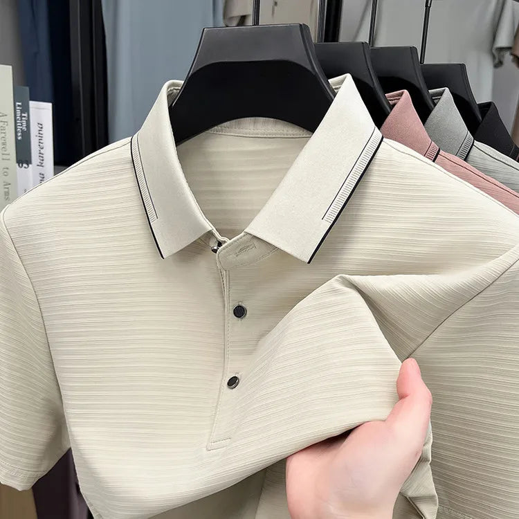 Men's Short-Sleeved T-Shirt, Subtle Striped Texture, Classic Collar Design With Button Details - Soft and Breathable Fabric Polo