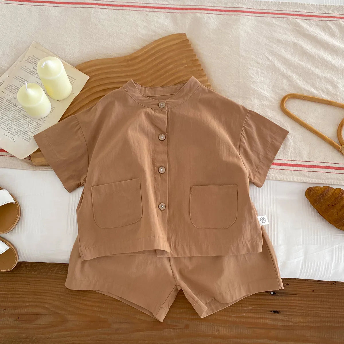 Summer Thin Short Sleeve T-shirt and Shorts Set Small Stand Collar Cool Toddler Boys Baby Girls 2PCS Casual Beach Suits 1-5Y Unisex