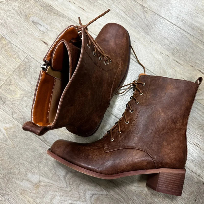 Women Brown Lace UP Ankle Boots Round Toe Gothic Heeled Concise Side Zipper Winter Motorcycle Boots
