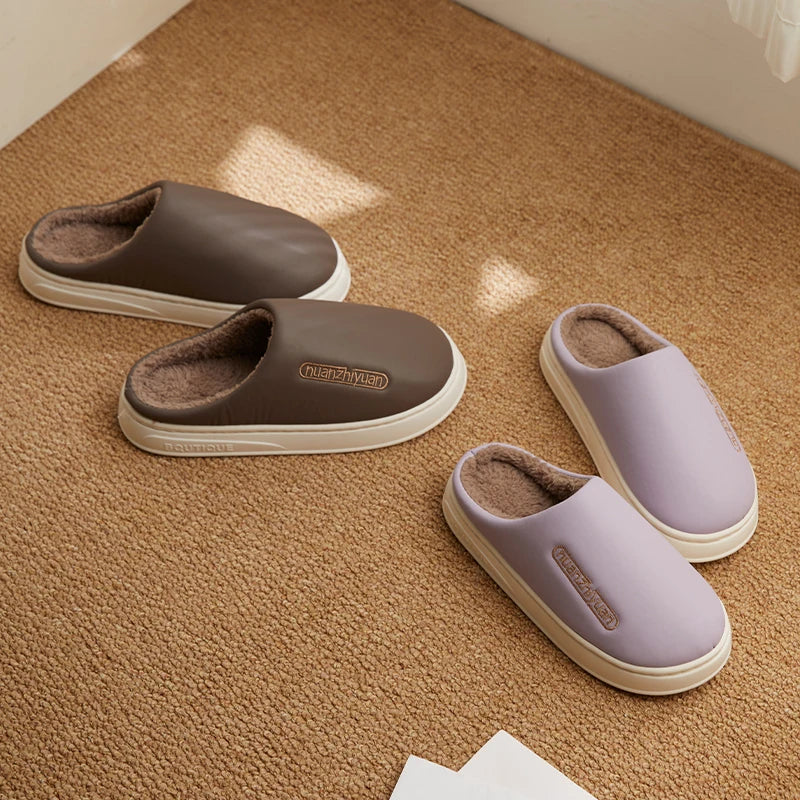Unisex Anti-slip Waterproof Winter Cotton Slippers Women Men Home Indoor Warm House Shoes Couple Soft Flat PVC Sole Footwear