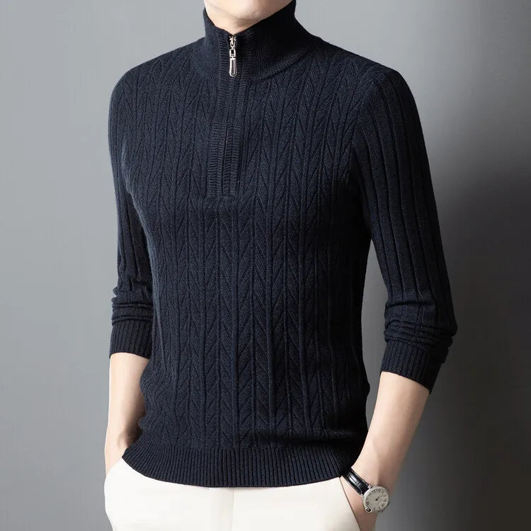 Men's High-Quality Semi-High-Neck, Business Casual Warm Sweater, Stretchy Striped Male Pullover Sizes M-4XL